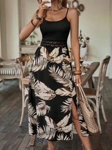 AIJ Tropical Print Guipure Lace Insert Split Thigh Cami Dress - Black - View 1