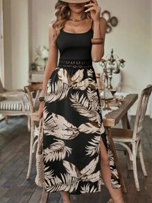 AIJ Tropical Print Guipure Lace Insert Split Thigh Cami Dress - Black - View 3