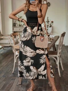 AIJ Tropical Print Guipure Lace Insert Split Thigh Cami Dress - Black - View 5