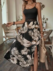 AIJ Tropical Print Guipure Lace Insert Split Thigh Cami Dress - Black - View 6