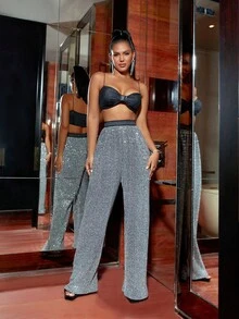High Waist Glitter Sequin Wide Leg Trousers - Silver - View 3