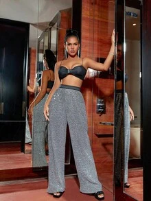 High Waist Glitter Sequin Wide Leg Trousers - Silver - View 4