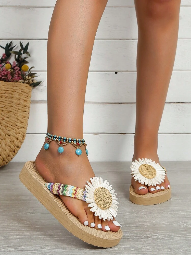 vacación Chanclas para de color combinado aplique adorno EVA Zapatillas - Caqui - Añade 1