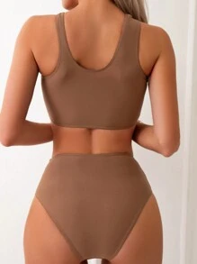 撞色不對稱領比基尼泳裝 - 棕色 - 查看 2