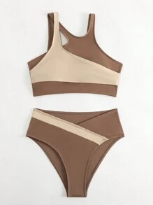 撞色不對稱領比基尼泳裝 - 棕色 - 查看 4