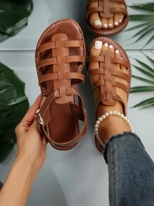 女式棕色時尚平底鏤空露背涼鞋帶腳踝帶，穆勒平底涼鞋 - 棕色 - 查看 1