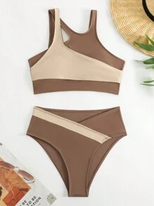 撞色不對稱領比基尼泳裝 - 棕色 - 查看 8
