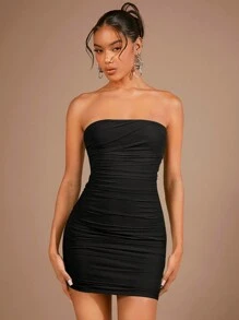 SHEIN BAE Solid Ruched Tube Bodycon Dress - Black - View 3