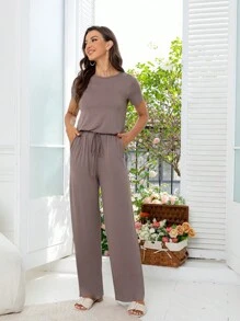 DEARCASE Keyhole Back Tie Front Tee Jumpsuit - Mauve Purple - View 1