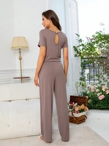 DEARCASE Keyhole Back Tie Front Tee Jumpsuit - Mauve Purple - View 2