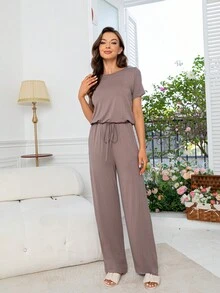DEARCASE Keyhole Back Tie Front Tee Jumpsuit - Mauve Purple - View 3