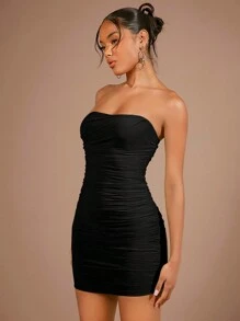 SHEIN BAE Solid Ruched Tube Bodycon Dress - Black - View 6