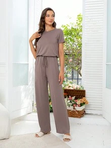 DEARCASE Keyhole Back Tie Front Tee Jumpsuit - Mauve Purple - View 6