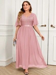 MIUSOL Lace Corset With Butterfly Sleeves Chiffon Formal Party Dress, Elegant For Gala, Wedding, Graduation Ceremony And Other Formal Occasions - Pink - View 1