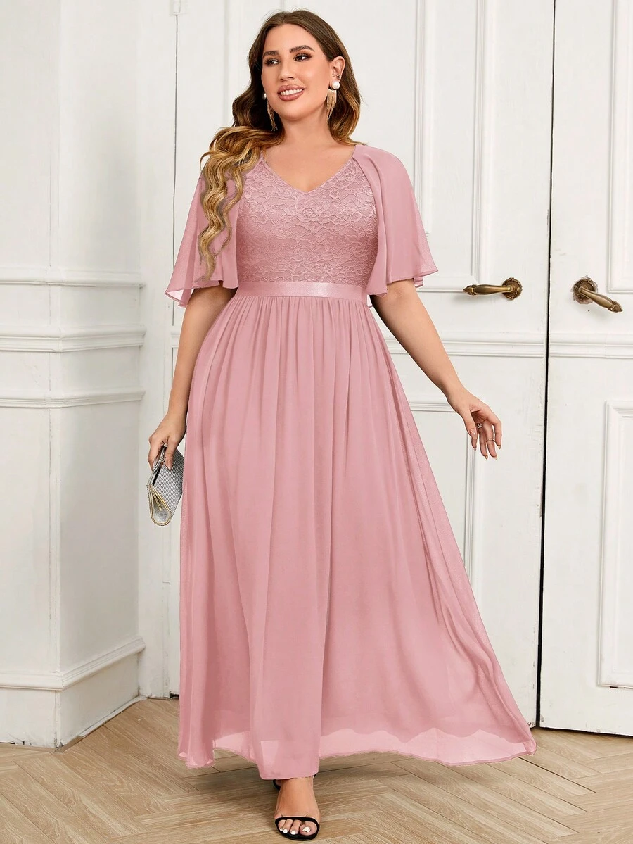 MIUSOL Lace Corset With Butterfly Sleeves Chiffon Formal Party Dress, Elegant For Gala, Wedding, Graduation Ceremony And Other Formal Occasions - Pink - View 1