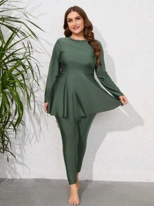 Mulvari 加大码纯色高领荷叶边全身布基尼泳衣，适合夏季海滩度假 - 軍綠色 - 查看 1