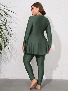 Mulvari 加大码纯色高领荷叶边全身布基尼泳衣，适合夏季海滩度假 - 軍綠色 - 查看 2