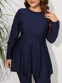 Mulvari Plus Solid High Neck Peplum Burkini Swimsuit - Navy Blue - View 3