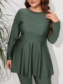 Mulvari 加大码纯色高领荷叶边全身布基尼泳衣，适合夏季海滩度假 - 軍綠色 - 查看 3