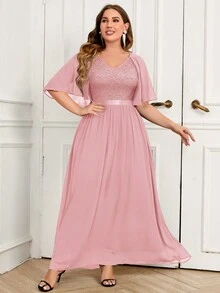 MIUSOL Lace Corset With Butterfly Sleeves Chiffon Formal Party Dress, Elegant For Gala, Wedding, Graduation Ceremony And Other Formal Occasions - Pink - View 3