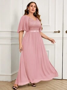 MIUSOL Lace Corset With Butterfly Sleeves Chiffon Formal Party Dress, Elegant For Gala, Wedding, Graduation Ceremony And Other Formal Occasions - Pink - View 5