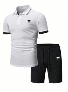 Manfinity Mode Men Horse Print Contrast Trim Polo Shirt & Drawstring Waist Shorts - Black and White - View 1