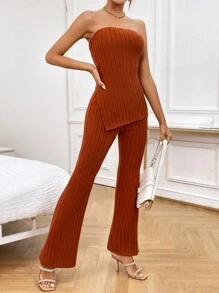 SHEIN Privé 下擺開叉抹胸上衣和喇叭褲 - 鏽棕色 - 查看 4
