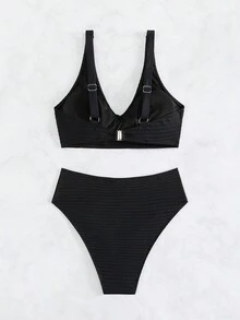 扭結高腰比基尼泳裝 - 黑色 - 查看 4