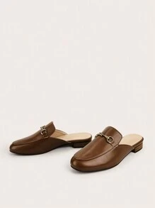 2025 Autumn Women Slip-On Mule Slippers With Metal Buckle, Flat Heel, English Style,Suitable For Summer - Brown - View 3