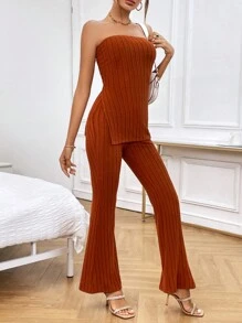 SHEIN Privé 下擺開叉抹胸上衣和喇叭褲 - 鏽棕色 - 查看 5
