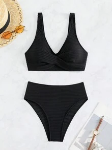 扭結高腰比基尼泳裝 - 黑色 - 查看 7