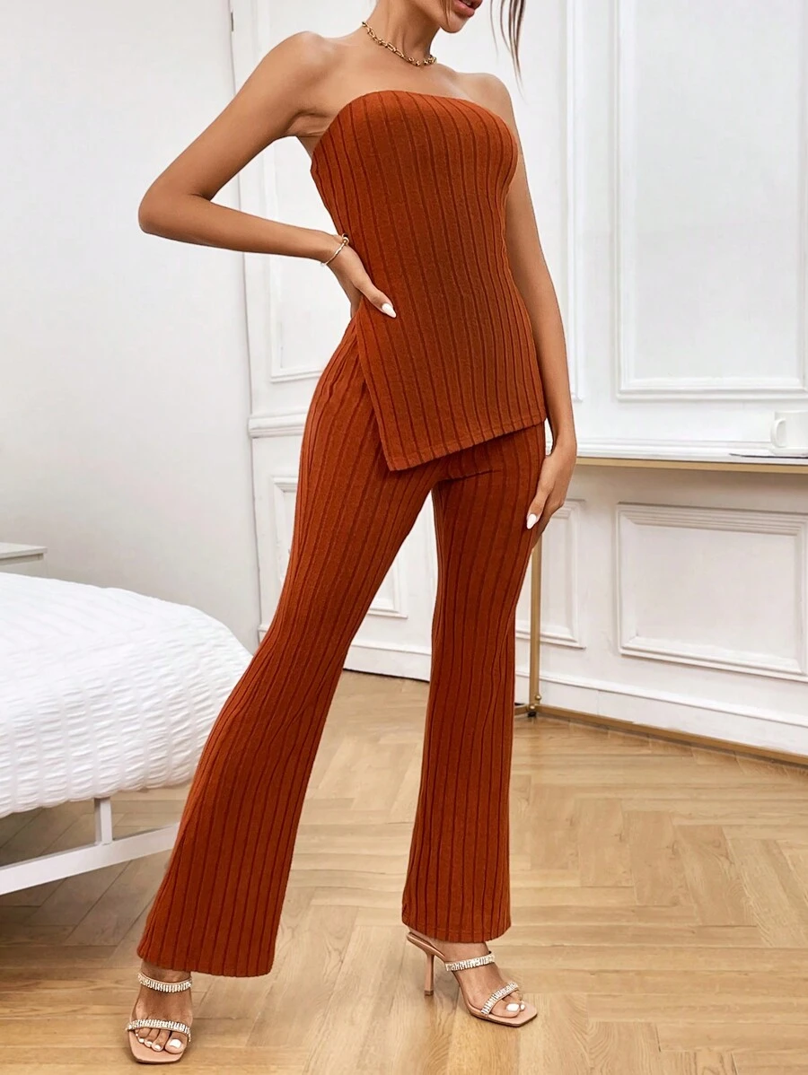 SHEIN Privé 下擺開叉抹胸上衣和喇叭褲 - 鏽棕色 - 查看 1