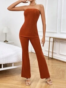 SHEIN Privé 下擺開叉抹胸上衣和喇叭褲 - 鏽棕色 - 查看 6