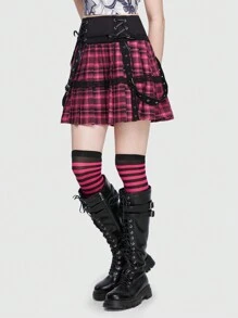 ROMWE Avant 格紋印花前繫帶百褶半身裙 - 彩色 - 查看 1