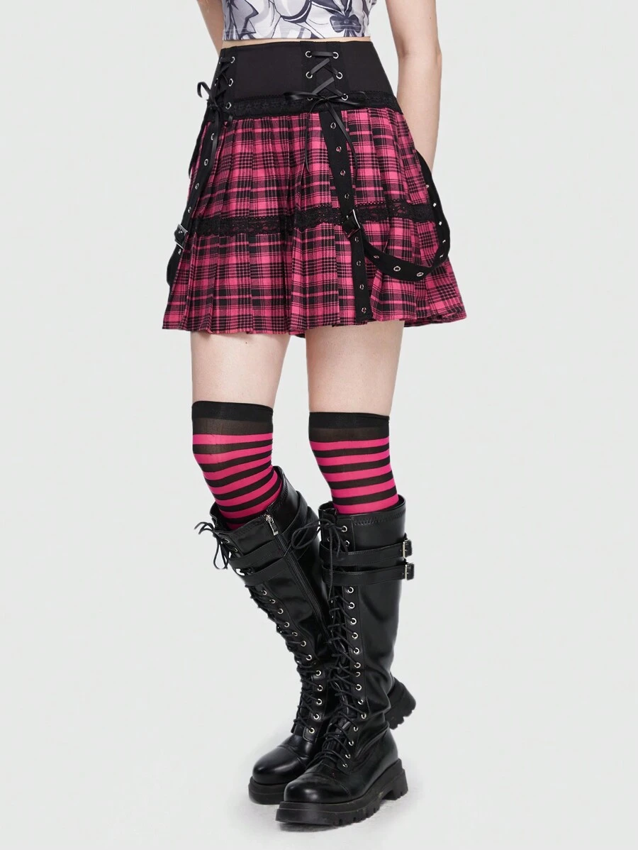 ROMWE Avant 格紋印花前繫帶百褶半身裙 - 彩色 - 查看 1