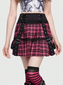 ROMWE Avant 格紋印花前繫帶百褶半身裙 - 彩色 - 查看 2