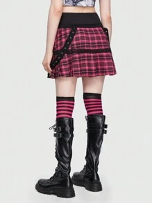 ROMWE Avant 格紋印花前繫帶百褶半身裙 - 彩色 - 查看 3