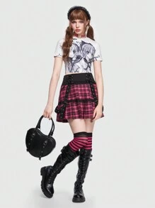 ROMWE Avant 格紋印花前繫帶百褶半身裙 - 彩色 - 查看 5