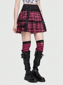 ROMWE Avant 格紋印花前繫帶百褶半身裙 - 彩色 - 查看 6