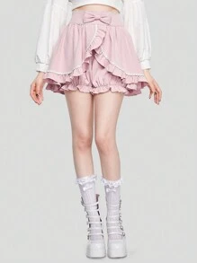 ROMWE Kawaii Quần đùi nữ Xù Nơ trước màu trơn Giải trí - Hồng - Xem 1