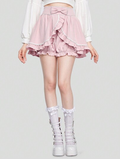 Kawaii Skort ribete con fruncido con lazo delantero