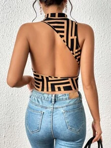 SHEIN Privé 幾何印花露背小高領短款背心 - 彩色 - 查看 4