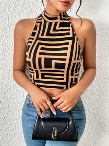 SHEIN Privé 幾何印花露背小高領短款背心 - 彩色 - 查看 3