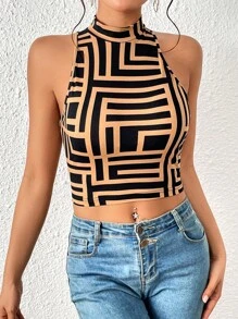 SHEIN Privé 幾何印花露背小高領短款背心 - 彩色 - 查看 5