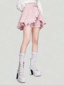 ROMWE Kawaii Quần đùi nữ Xù Nơ trước màu trơn Giải trí - Hồng - Xem 3