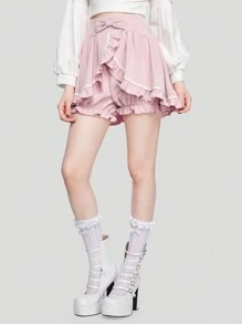 ROMWE Kawaii Quần đùi nữ Xù Nơ trước màu trơn Giải trí - Hồng - Xem 4