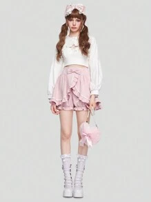 ROMWE Kawaii Quần đùi nữ Xù Nơ trước màu trơn Giải trí - Hồng - Xem 6