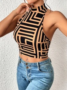 SHEIN Privé 幾何印花露背小高領短款背心 - 彩色 - 查看 2