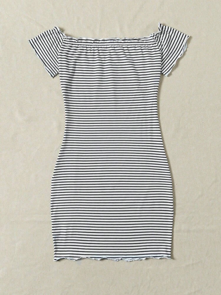 SHEIN EZwear Plus Striped & Letter Graphic Lettuce Trim Dress - White - View 2
