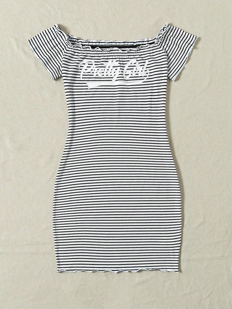 SHEIN EZwear Plus Striped & Letter Graphic Lettuce Trim Dress - White - View 3